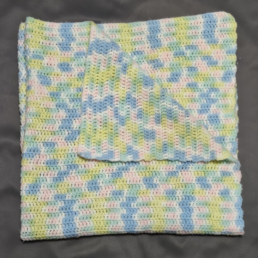 Handmade Crochet Baby Blanket Pastel Blue Pink Yellow Green Variegated 36x38